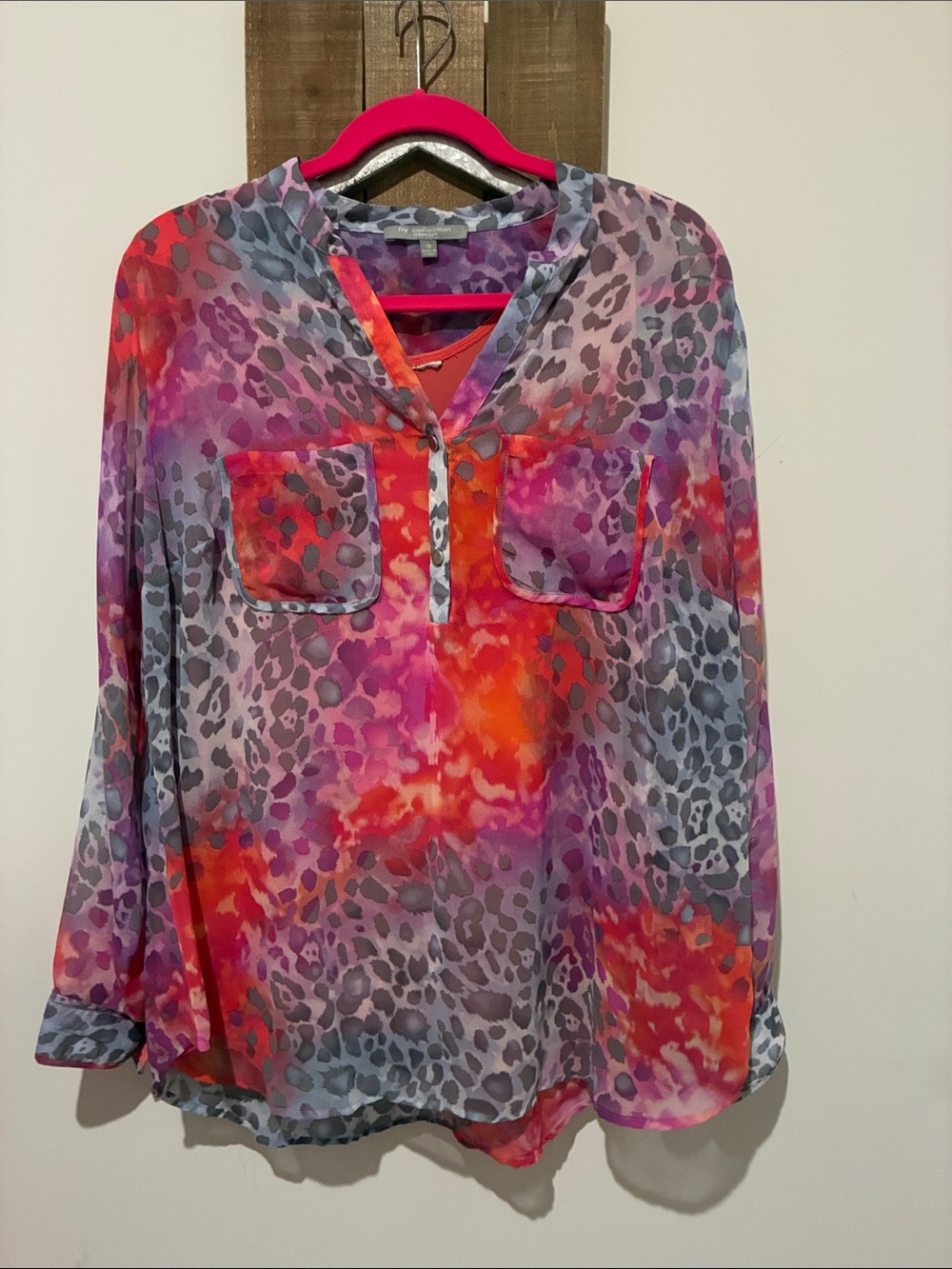 NY Collection Multicolor Leopard-Print Sheer Blouse in Pink, Orange & Purple